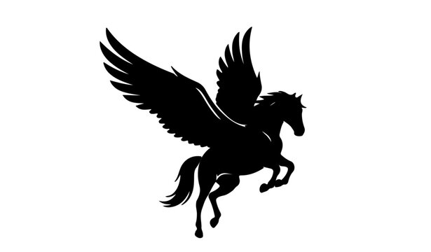 Silhouette of a majestic pegasus flying horse with wings spread.