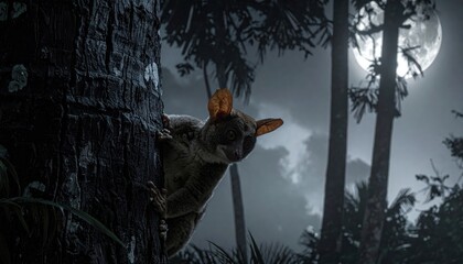 Fototapeta premium Nocturnal Aye Aye Lemur with Large Leathery Ears and Skeletal Fingers Perched on a Rough Tree Trunk under a Full Moon in the Jungle, Cinematic Widescreen Wildlife Photography.