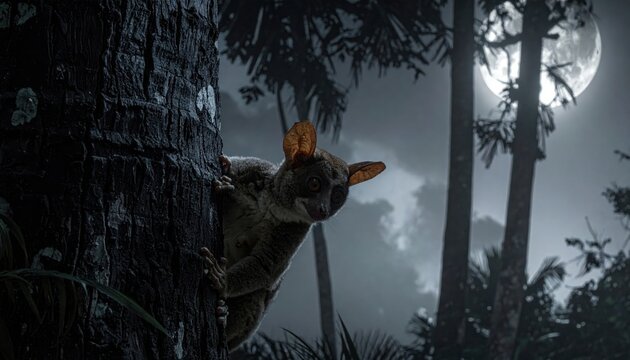 Nocturnal Aye Aye Lemur with Large Leathery Ears and Skeletal Fingers Perched on a Rough Tree Trunk under a Full Moon in the Jungle, Cinematic Widescreen Wildlife Photography.