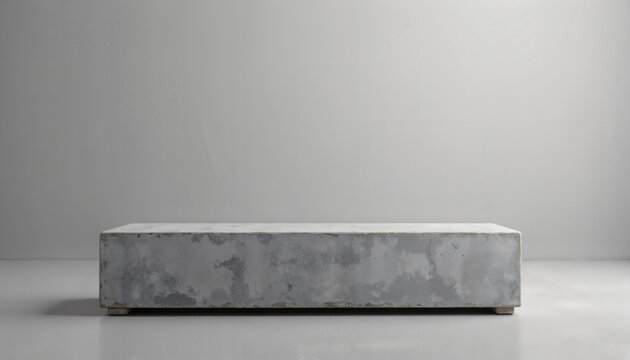 Minimalistisches Podium aus Beton vor grauem Hintergrund, leerer Sockel f&uuml;r Produktpr&auml;sentation im Studio