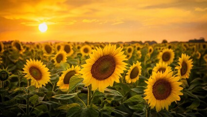 Obraz premium adulteration. Sunflowers swaying in a field during golden hour, nature scene. gardening catalogs, home-decor guides, designed for home decor and floral branding and gardening and botanical catalogs.