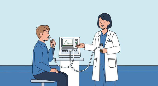 Doctor performing lung function test on a young man with spirometer