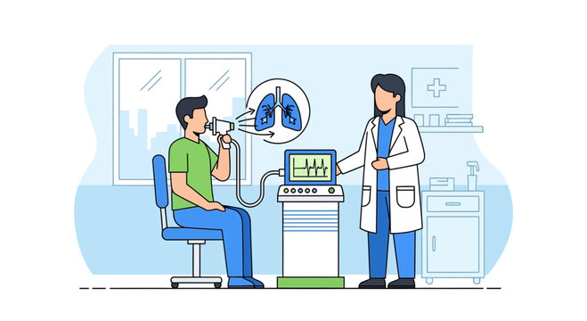 Doctor performing lung function test on patient with spirometer in clinic