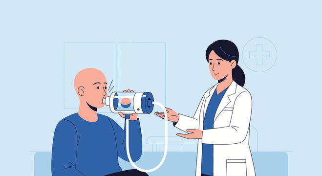 Doctor performing lung function test on patient with spirometer in clinic