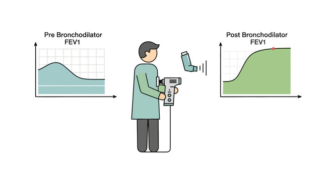 Doctor performs lung function test before and after bronchodilator treatment