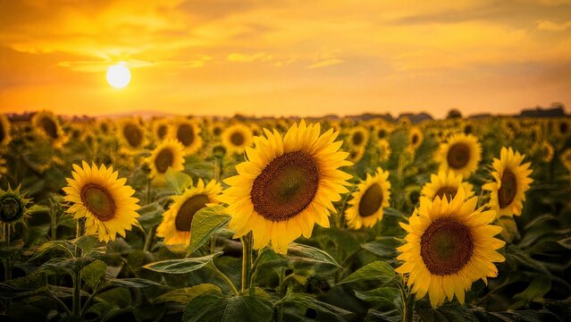 adulteration. Sunflowers swaying in a field during golden hour, nature scene. gardening catalogs, home-decor guides, designed for home decor and floral branding and gardening and botanical catalogs.