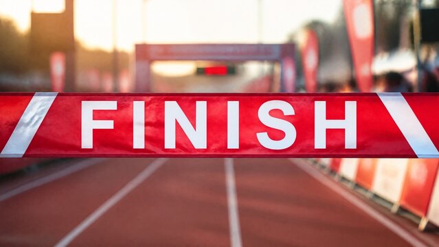 disengaged. Vibrant red and white finish line ribbon stretched taut across a marathon track. event key visuals, club posters, designed for fitness apps and gym onboarding, used by sports marketers.