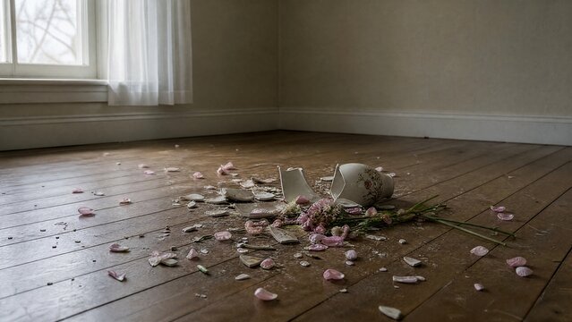 sedition. A shattered ceramic vase on a wooden floor with scattered flower petals in an empty room. wellbeing guides.