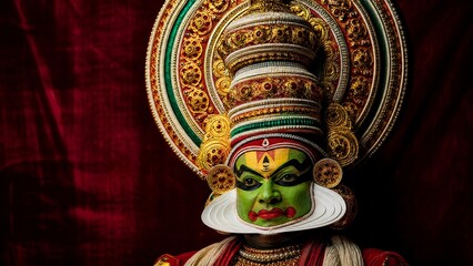 kathakali. Kathakali mask and headdress on crimson velvet, dramatic lighting and intricate details....
