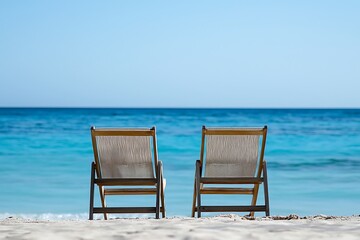 Fototapeta premium Two empty beach chairs facing the ocean on a sunny day inviting relaxation coastal leisure and peaceful vacation moments.