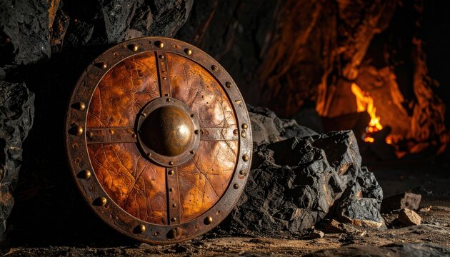 Ancient round buckler shield crafted from hardened leather and bronze studs rests against dark cavern rocks, while a glowing campfire flickers in the background of this cinematic wide scene.