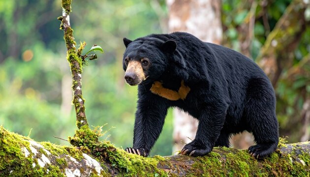 A Malayan sun bear with sleek black fur and a distinctive orange chest patch carefully navigates across a mossy fallen tree trunk in a lush tropical rainforest, captured in a widescreen format.