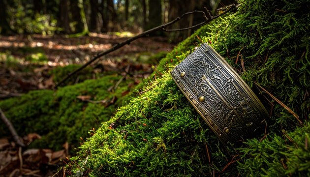 Handcrafted steel gorget with intricate engravings and brass details resting on vibrant green moss in a sunlit forest, creating a cinematic widescreen banner for fantasy or historical themes.