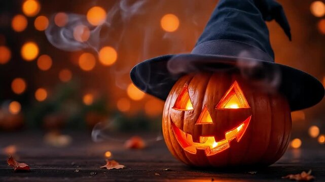 A glowing jack o lantern wearing a witch hat on wooden surface.