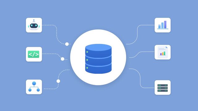 Animated illustration of a connected database system with coding, analytics, and automation icons, ideal for data integration and technology concepts.