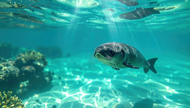 Cinematic wide shot of a rare vaquita porpoise swimming through sunlit turquoise coastal waters over a vibrant coral reef, featuring natural light rays and crystal clear ocean visibility.