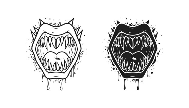 Scary monster mouth with sharp fangs and dripping liquid in tattoo style vector illustration