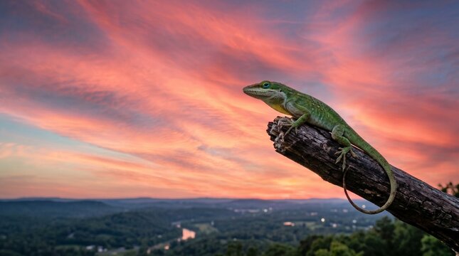A green lizard perched on a tree branch overlooking a scenic valley at sunset with a vibrant pink and orange sky