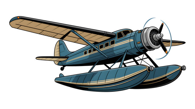 Vintage seaplane floating on calm water with propeller engine
