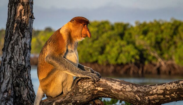 A male proboscis monkey with a large pendulous nose sits on a mangrove tree branch at sunset, overlooking a river in Borneo. This cinematic wildlife scene showcases exotic primate biodiversity.