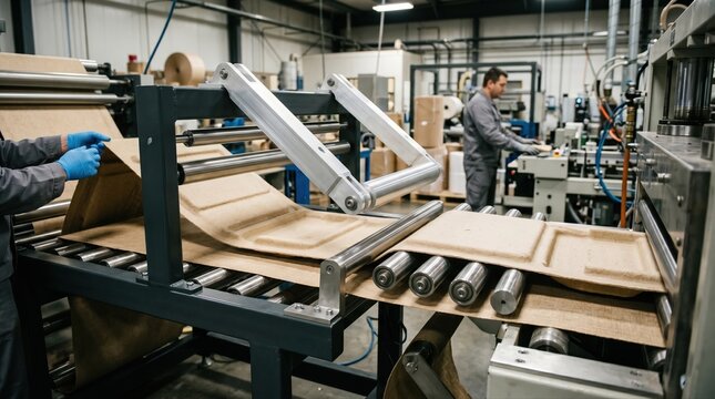 Medium shot of compostable packaging production in action focusing on the integration of new machinery parts designed for sustainable material handling and reduced waste.