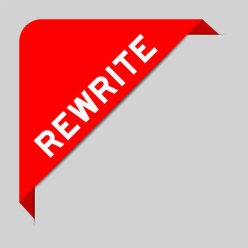 Red color of corner label banner with word rewrite on gray background