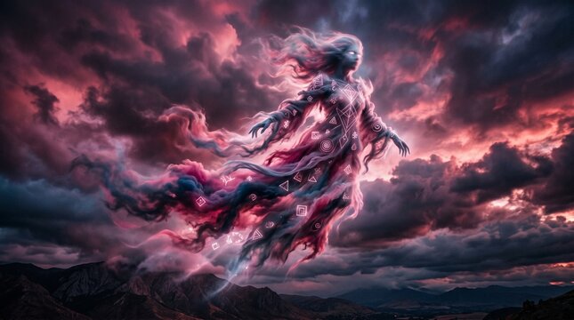 A mystical woman with long hair and a flowing dress stands against a dramatic cloudy sky with pink and purple hues during sunset or sunrise in a mountainous landscape