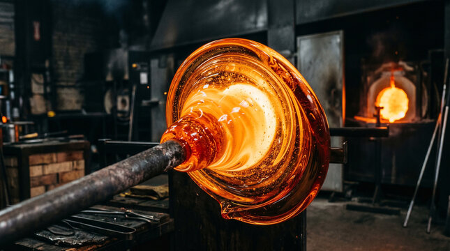 Glassblower shapes molten glass on the end of a metal blowpipe in a workshop studio environment