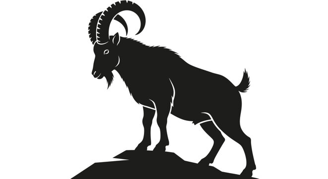 Black silhouette of an ibex standing on a rock.