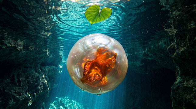 Large orange pearl inside a giant clam shell underwater with a leaf on the surface