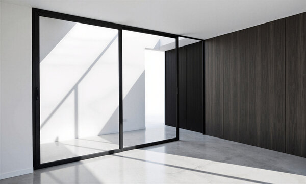 Pivoting glass door modern minimalist interior featuring dark oak wood paneling and natural sunlight casting geometric shadows