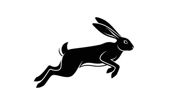 Minimalist black silhouette of a jumping hare isolated on a white background.