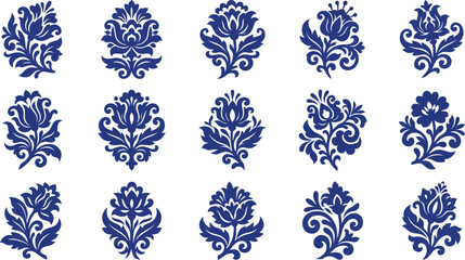 Blue floral damask patterns, 15 variations on white background © Graphic Shops