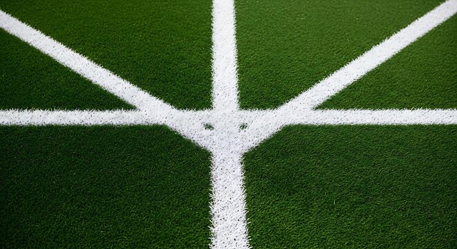 Aerial view of a sports field with white lines on green turf from above perspective indoors
