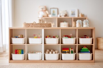 Obraz premium Organized Wooden Toy Storage Shelf with White Bins in Clean Playroom
