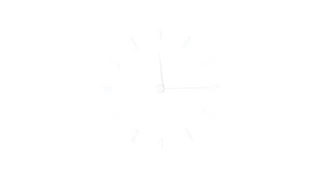 3D render of minimalist analog clock face with white hour markers and hands showing 12:15, isolated on transparent background, modern clean timepiece design element.