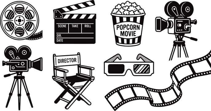 Cinema movie equipment and film strip vector set.