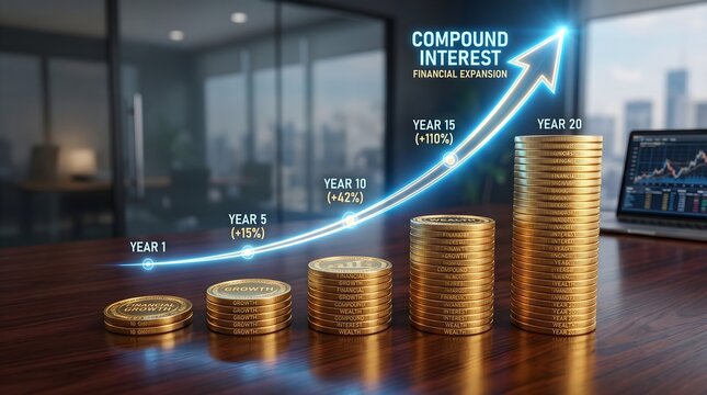 Compound interest financial expansion visualized with growing coin stacks and upward graph over years.