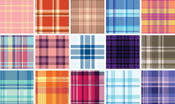 Plaid bundle for cohesive Valentines and Womens Day styling. Classic tartan structure supports themed collections. Vector geometry stays accurate.