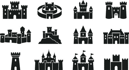 Black and white medieval castle icons set © ESAD