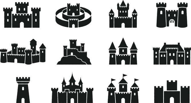 Black and white medieval castle icons set