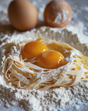 Freshly made pasta, with an egg yolk and flour nearby, vertical photo