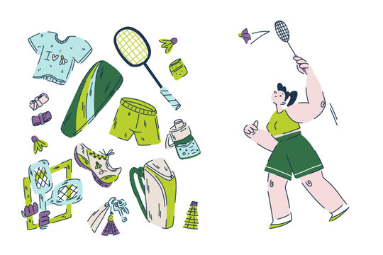 Playful badminton collection in green tones, sporty girl playing with racket and shuttlecock, hobbies and sports activities