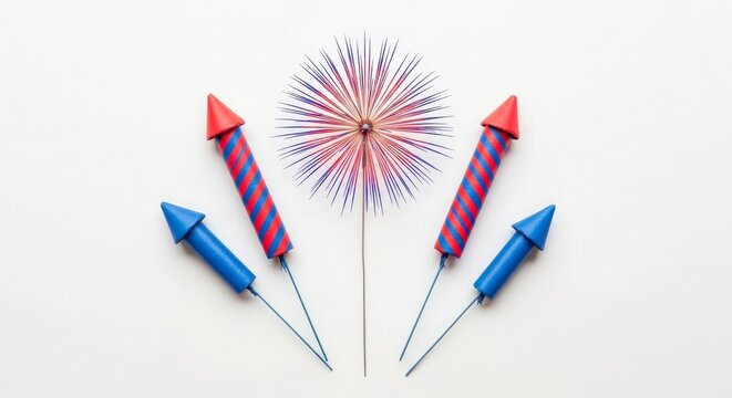 Colorful fireworks rocket display with sparkler in festive celebration arrangement