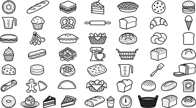 Large bakery icon set featuring bread cakes pastries donuts and baking tools in black line art vector style isolated on white background for cafe menus bakery branding