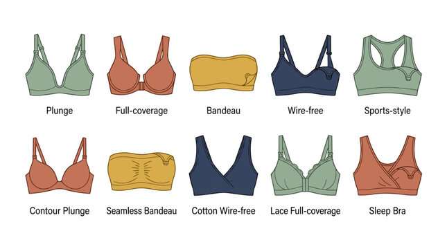 Women Bra Style Collection with Push Up Sports Bralette Bandeau and Full Coverage Lingerie Vector Illustration Set