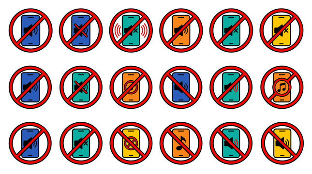 No Mobile Phone Icon Set with Smartphone Restriction Silent Mode and Prohibited Device Warning Symbols Vector Collection