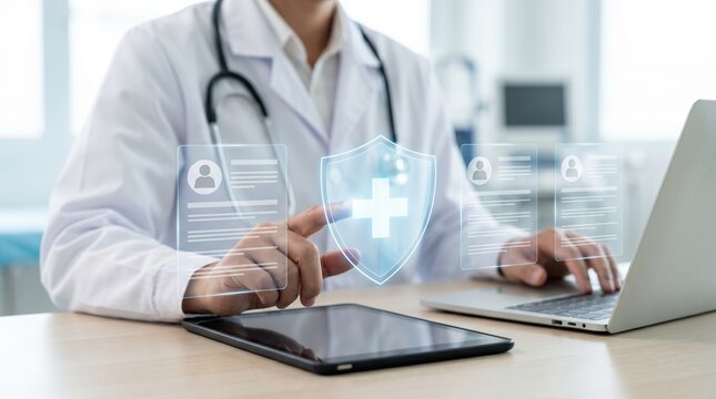 Doctor using digital tablet with virtual interface of patient medical records and health insurance protection shield