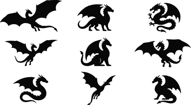 Black dragon and bat silhouettes flying and sitting