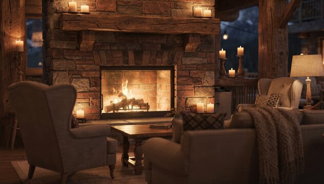 Rustic lodge hearth with the focus on the unlit brick firebox blurred candles and cozy seating arranged for warmth and relaxation on a quiet mountain evening.